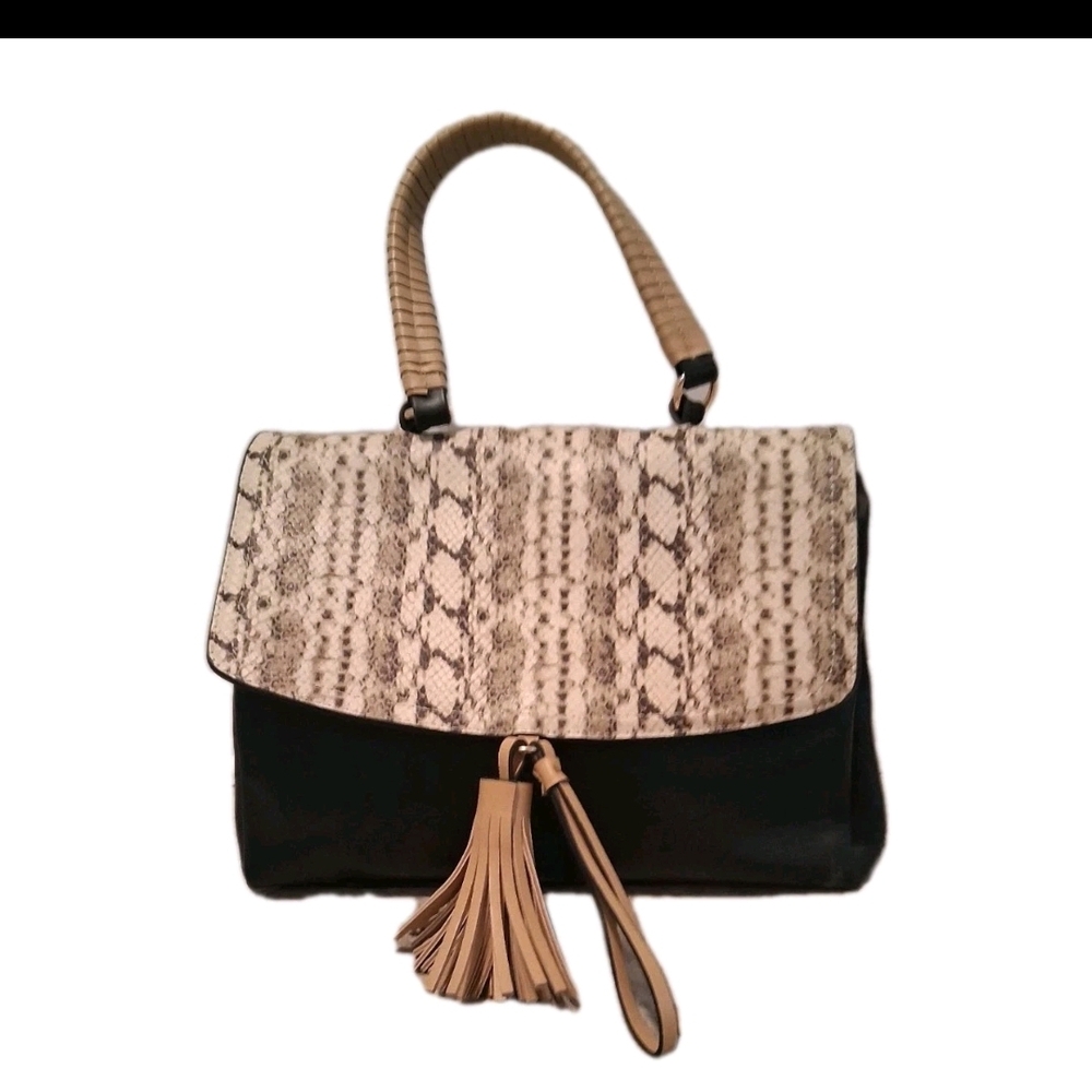 Elegant Black and Tan Satchel with Tassel